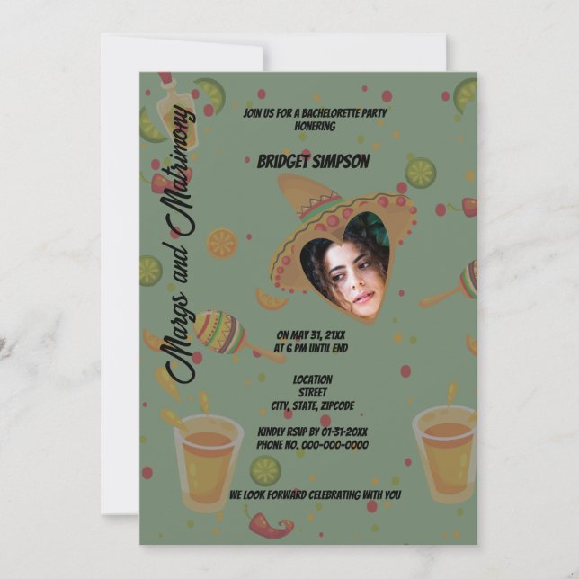 Invitación margs verdes mexicanas y foto matrimonial de Bache (Anverso)