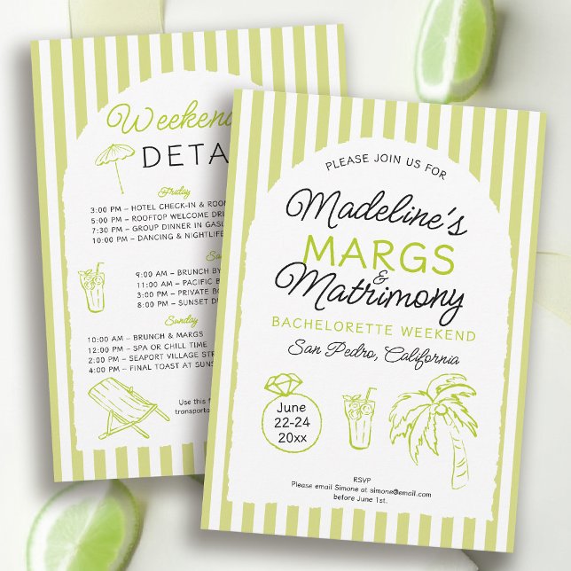 Invitación Margs y Matrimonio Arco de Lima Despedida de Solte (margs and matrimony bachelorette theme invitation itinerary hand drawn modern beach pool tequilla)
