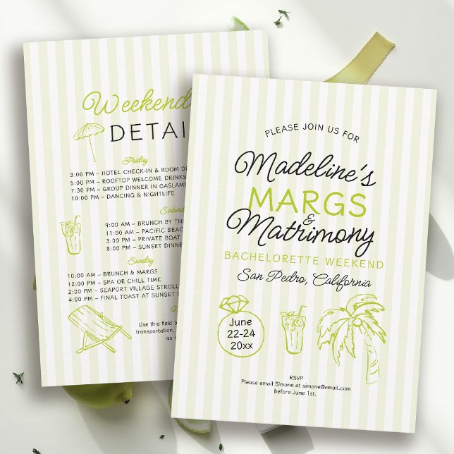 Invitación Margs y Matrimonio Raya de Lima Despedida de Solte (margs and matrimony bachelorette theme invitation itinerary lime stripe hand drawn beach pool )