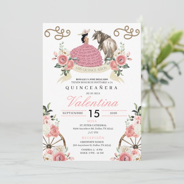 Invitación Mariachi Cowgirl Rústica Rosa Quinceañera Occident (Anverso de pie)