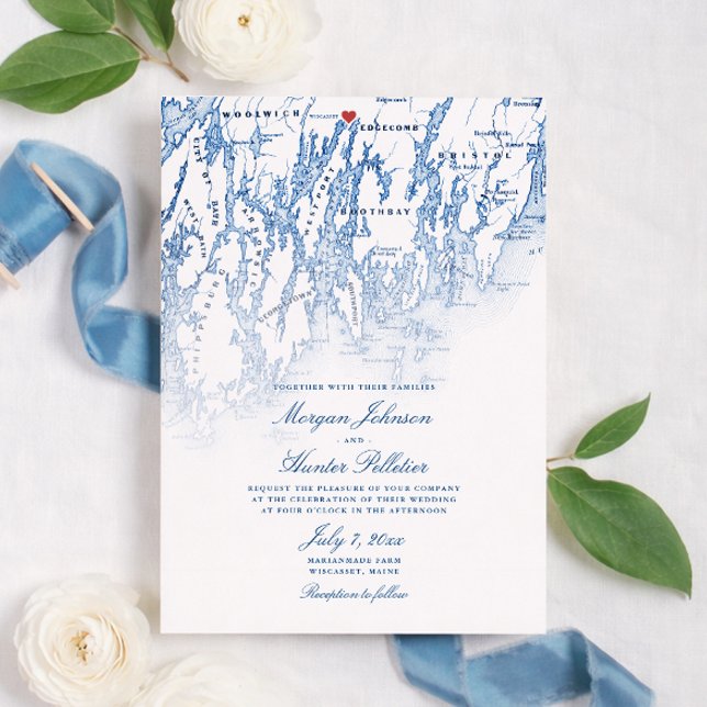 Invitación Marianmade Farm Wedding Wiscasset Maine Map (Marianmade Farm Wedding Wiscasset Maine Map Invitation in elegant navy blue by Coastal Map Designs)