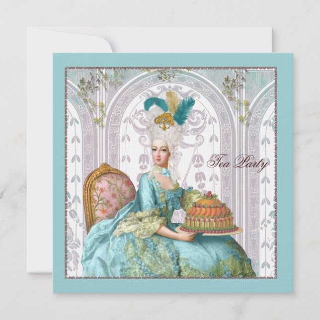 Invitación Marie Antoinette en Aqua con pastel (Anverso)