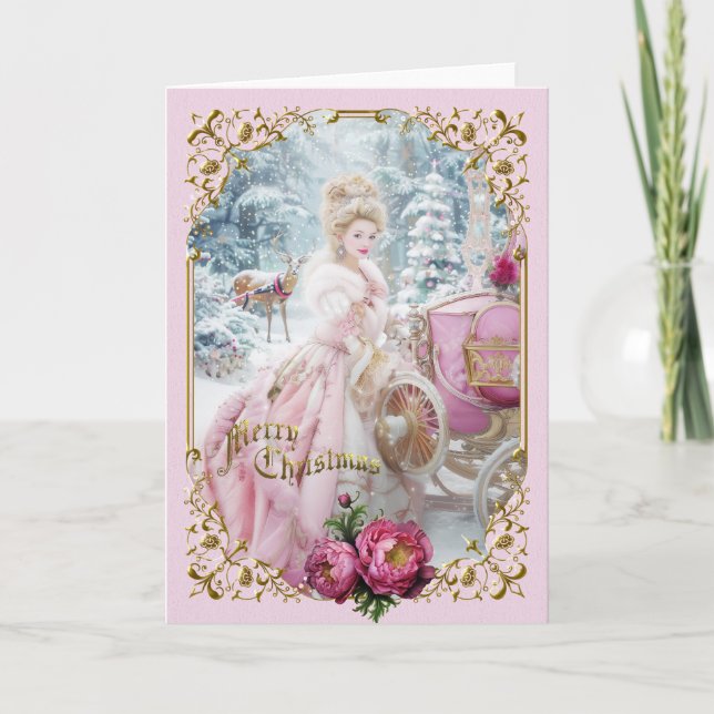 Invitación Marie Antoinette Pink carriage deer Christmas card (Anverso)