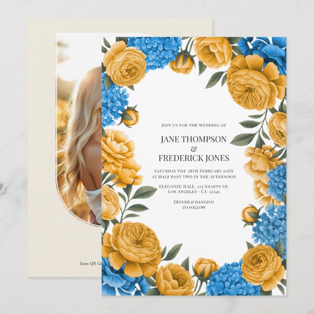Invitación Marigold and French Blue Watercolor Floral Wedding (Anverso / Reverso)