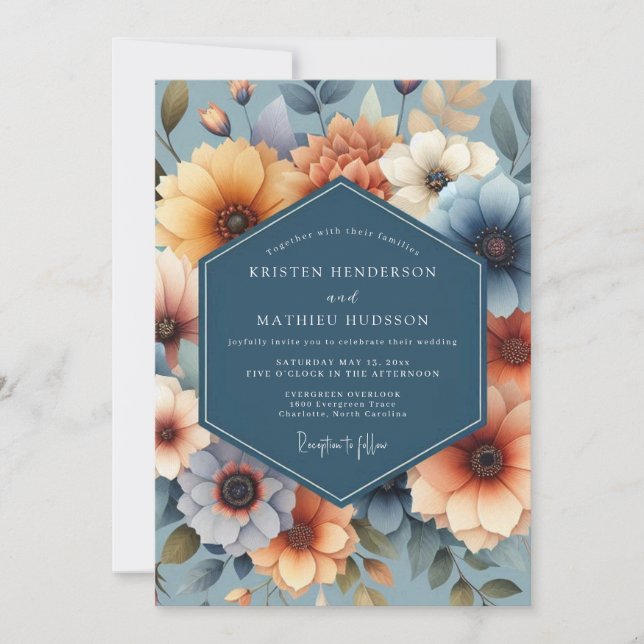 Invitación Marigold & Blue Artistic Bloom Wedding (Anverso)
