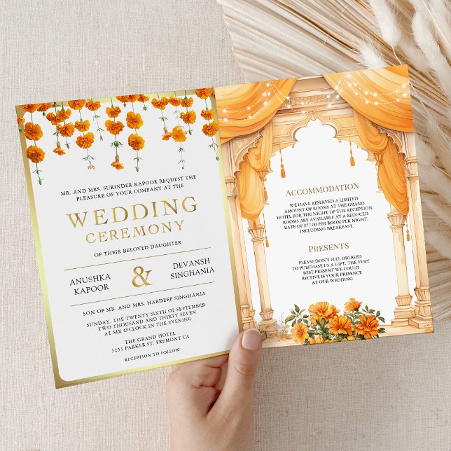 Invitación Marigold Floral Sur de India Mandap Boda hindú (Subido por el creador)