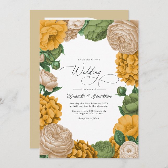 Invitación Marigold, Olive & Warm Cream Floral Wedding (Anverso / Reverso)