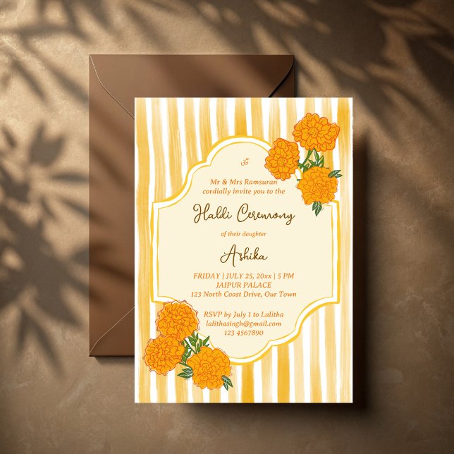 Invitación Marigoles rayas amarillas Haldi boda indio (Marigolds yellow stripes Haldi Indian wedding Invitation)