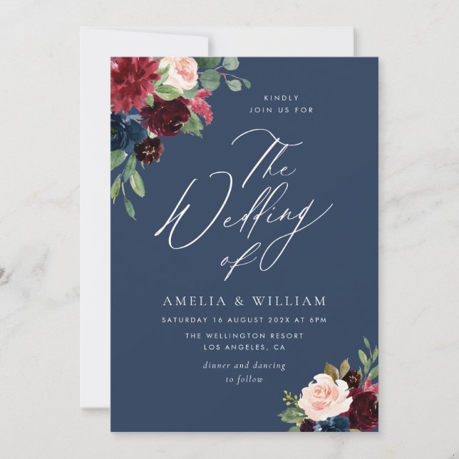 Invitación marina acuarela, boda burdeos y rubio (Anverso)