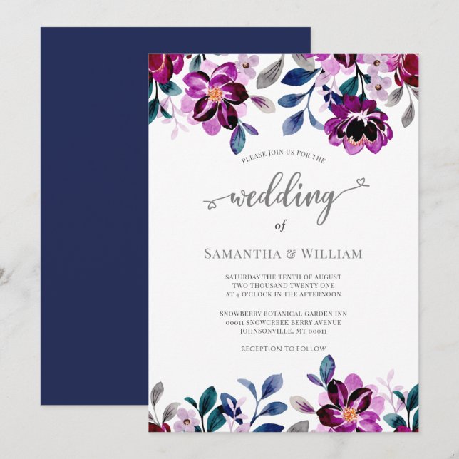 Invitación Marina acuarela y Boda morado floral (Anverso / Reverso)