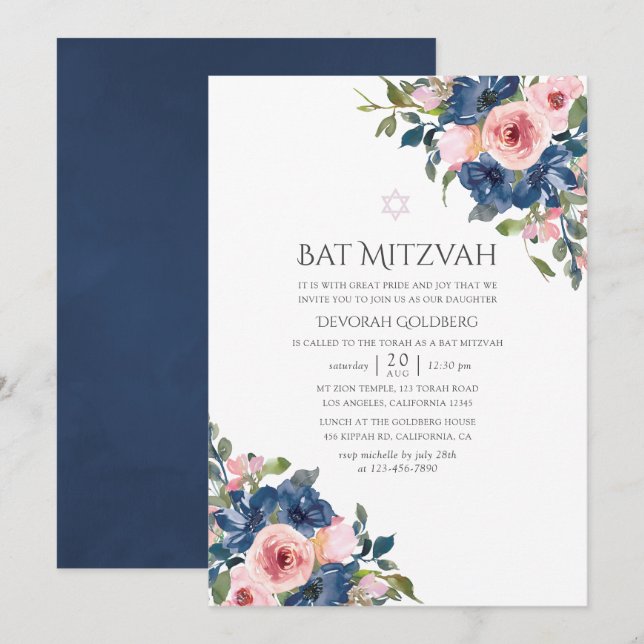 Invitación Marina acuarela y Rubor Floral Bat Mitzvah (Anverso / Reverso)