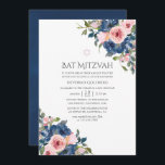 Invitación Marina acuarela y Rubor Floral Bat Mitzvah<br><div class="desc">Primera comunión sagrada de color rosa y azul marino de moda invita al personalizable a los detalles de su evento.</div>