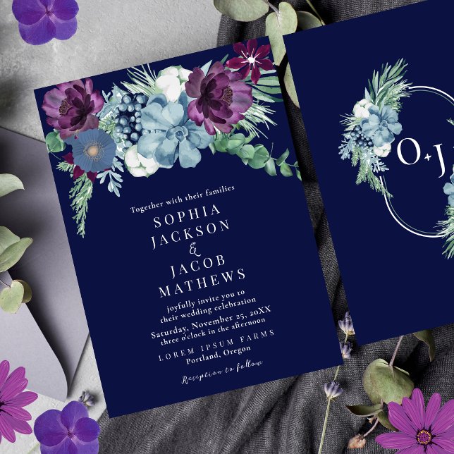 Invitación Marina Azul acuarela floral Invierno elegante Boda (Subido por el creador)