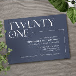 Invitación Marina azul oscura | Fiesta del 21º cumpleaños de<br><div class="desc">Invitaciones modernas para el 21º cumpleaños con el título "veintiuno" en un tipo de acento. Diseño fuera de centro con fuente blanca en un fondo azul oscuro que contrasta.</div>