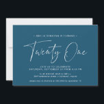 Invitación Marina azul oscura | Guión simple 21ª Fiesta de cu<br><div class="desc">Invitaciones modernas de 21 años con "veintiuno" en un guión escrito a mano. Diseño simple de texto con fuente blanca sobre fondo azul oscuro.</div>