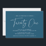Invitación Marina azul oscura | Guión simple 21ª Fiesta de cu<br><div class="desc">Invitaciones modernas de 21 años con "veintiuno" en un guión escrito a mano. Diseño simple de texto con fuente blanca sobre fondo azul oscuro.</div>