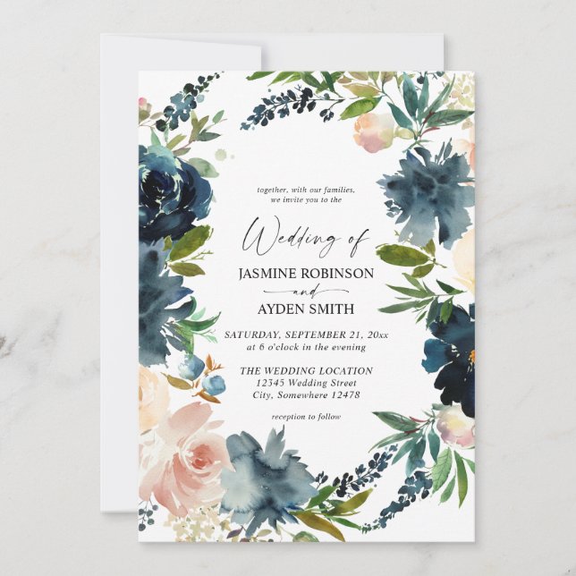 Invitación Marina, azul turbio y floral rosa 2 Boda (Anverso)