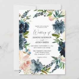 Invitación Marina, azul turbio y floral rosa 2 Boda