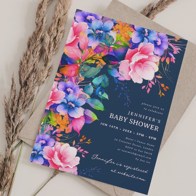 Invitación Marina Baby Shower floral de moda Rainbow Garden (Trendy Rainbow Garden Floral Baby Shower Navy Invitation)