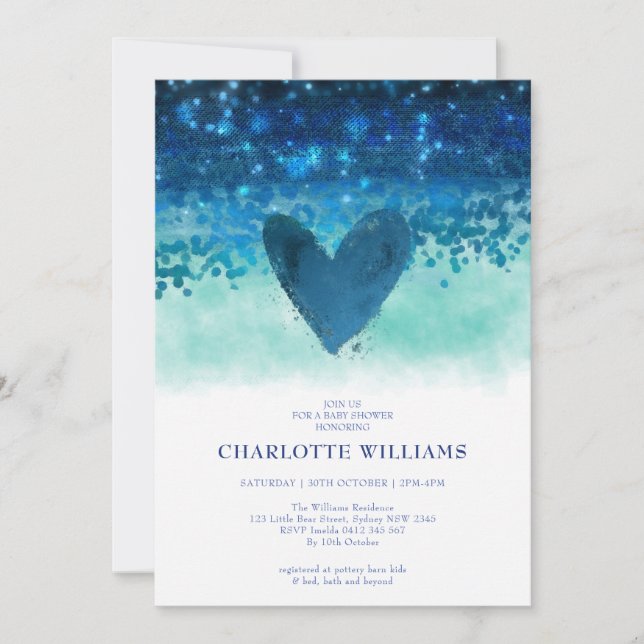 Invitación Marina Blue Cute Heart Watercolor Bebé Ducha (Anverso)