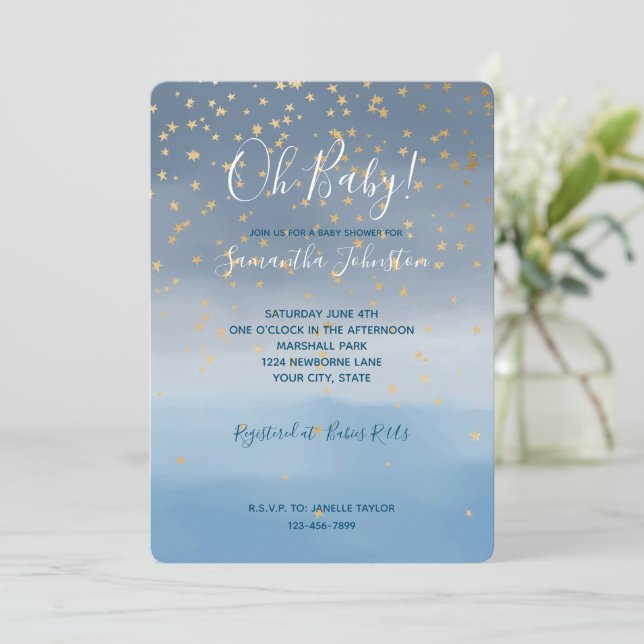 Invitación Marina Blue Gold Stars Sky Watercolor (Anverso de pie)