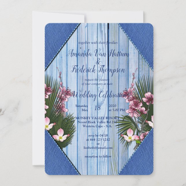 Invitación Marina - Boda de flores azules y rosas (Anverso)