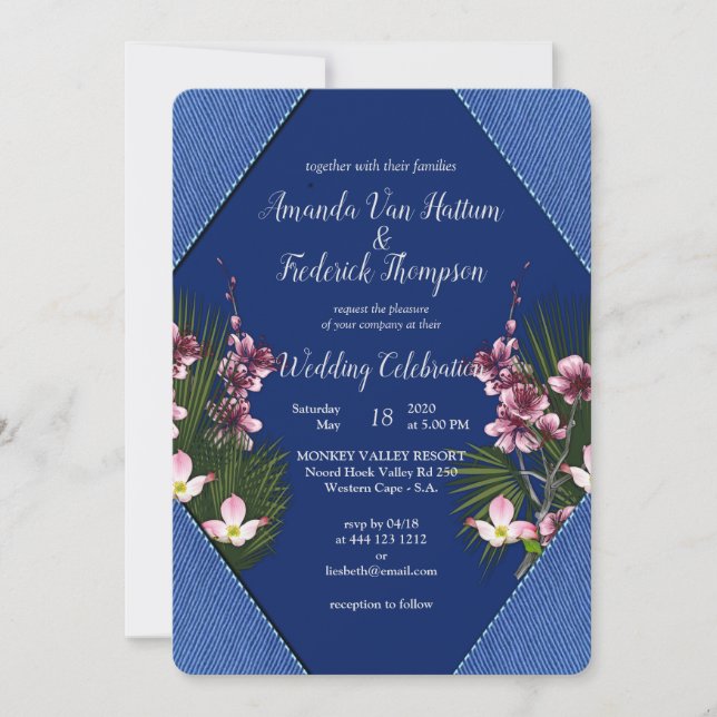 Invitación Marina - Boda de flores azules y rosas (Anverso)