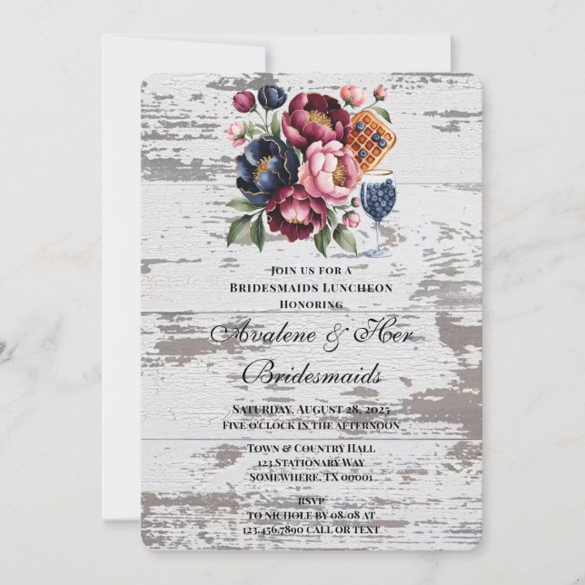 Invitación Marina Burgundy Pink Peony Madera Bridesmaids Lunc (Anverso)