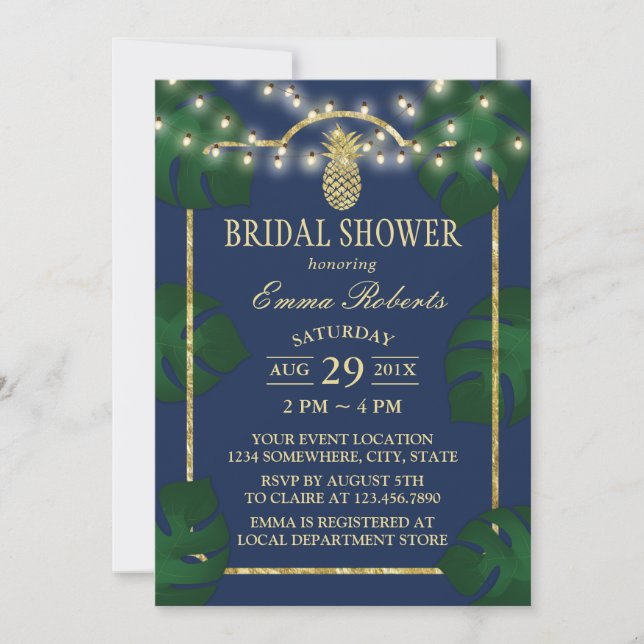 Invitación Marina de Piña Tropical y Ducha Bridal De Oro Luau (Anverso)