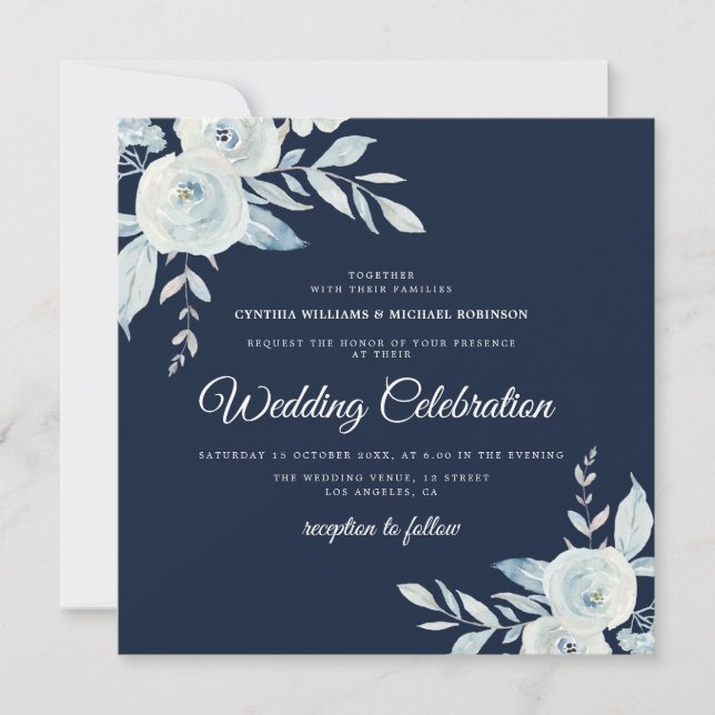 Invitación marina elegante y boda floral azul polvoriento (Anverso)