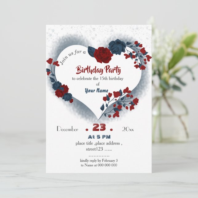 Invitación marina elegante y corazón floral rojo cumpleaños (Anverso de pie)