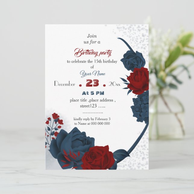Invitación marina elegante y cumpleaños botánico floral rojo (Anverso de pie)