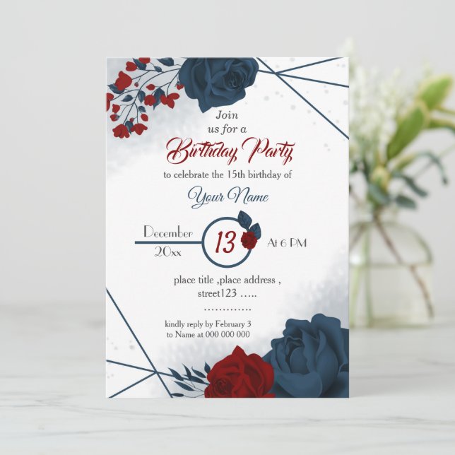 Invitación marina elegante y cumpleaños botánico floral rojo (Anverso de pie)