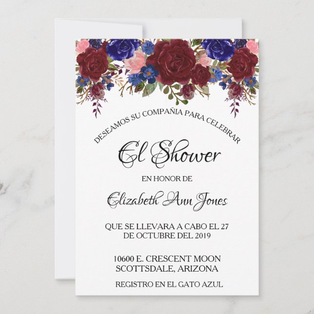 Invitación Marina española de ducha de novia Borgoña Floral (Anverso)