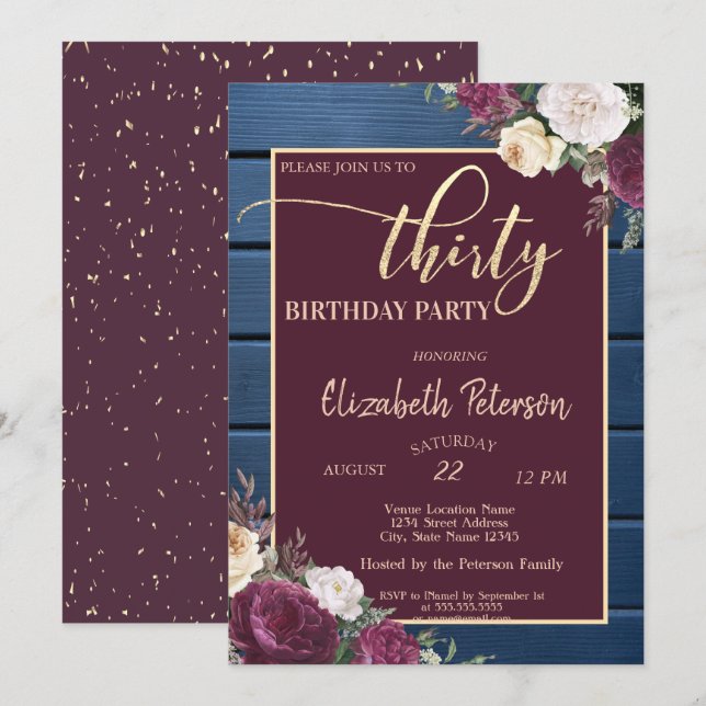 Invitación Marina Floral de Borgoña Madera Azul 30 cumpleaños (Anverso / Reverso)