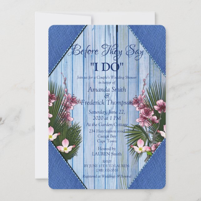 Invitación Marina - Flores azules y rosas, ducha de matrimoni (Anverso)