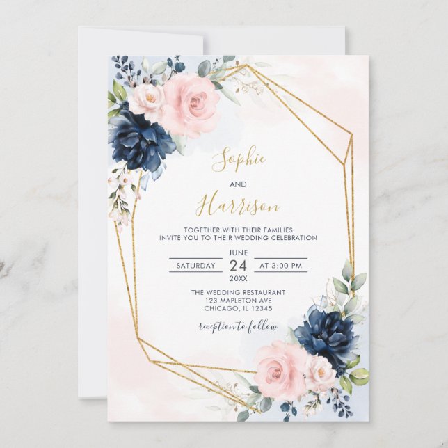Invitación  Marina geométrica moderna y Boda floral Rubor (Anverso)