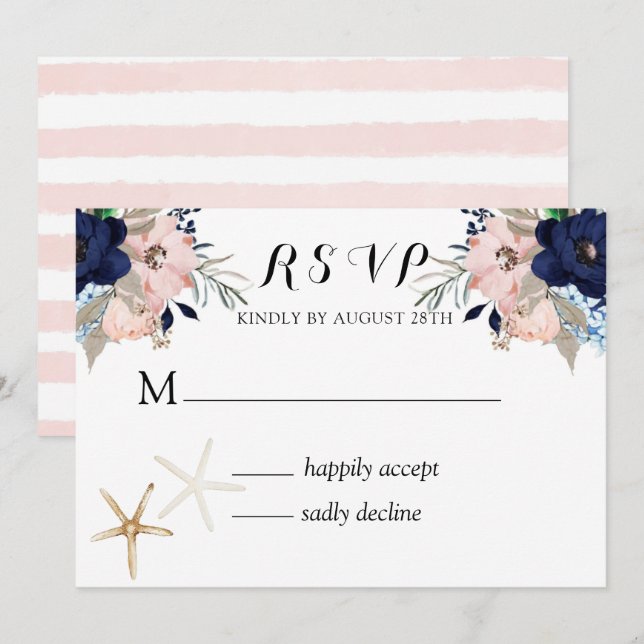 Invitación Marina Náutica Blooms Naval Rubor Wedding RSVP En (Anverso / Reverso)