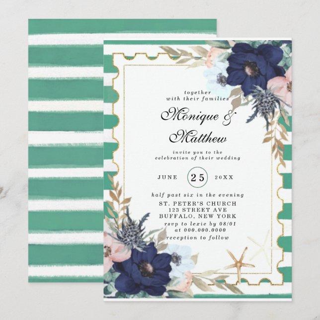 Invitación Marina Nautical Blooms Naval Boda Verde Rosa (Anverso / Reverso)