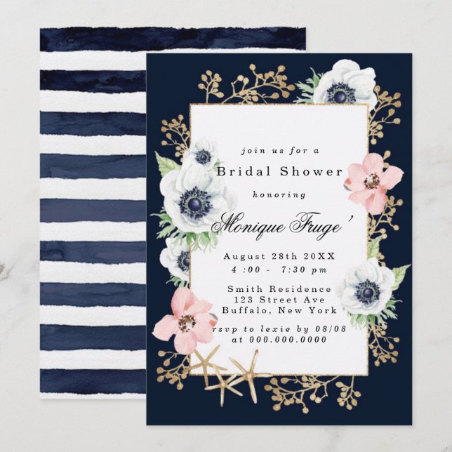 Invitación Marina Nautical Blooms Naval Rubor Ducha de novias (Anverso / Reverso)
