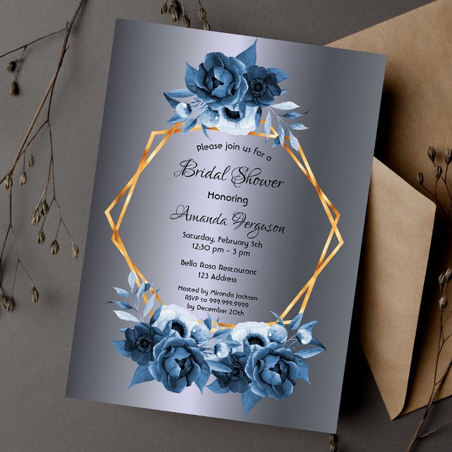 Invitación Marina plateada Flores azules ducha de novia dorad (Subido por el creador)