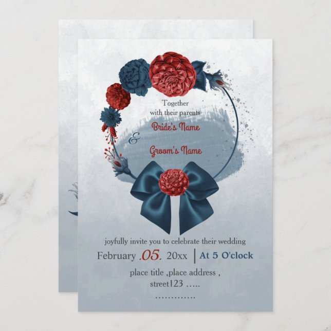 Invitación marina romántica y boda de flores de borgoña (Anverso / Reverso)