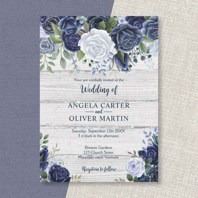 Invitación Marina Rusa Dusty Blue Watercolor Floral Madera (Subido por el creador)
