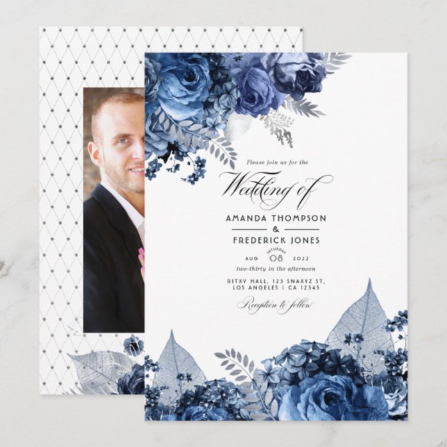 Invitación Marina y blanco con Boda de Relieve metalizado pla (Anverso / Reverso)