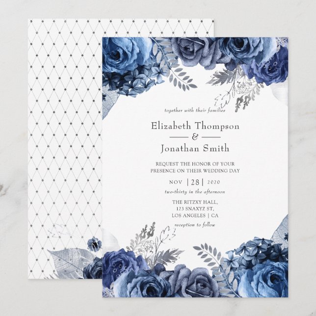 Invitación Marina y blanco con Boda floral Relieve metalizado (Anverso / Reverso)