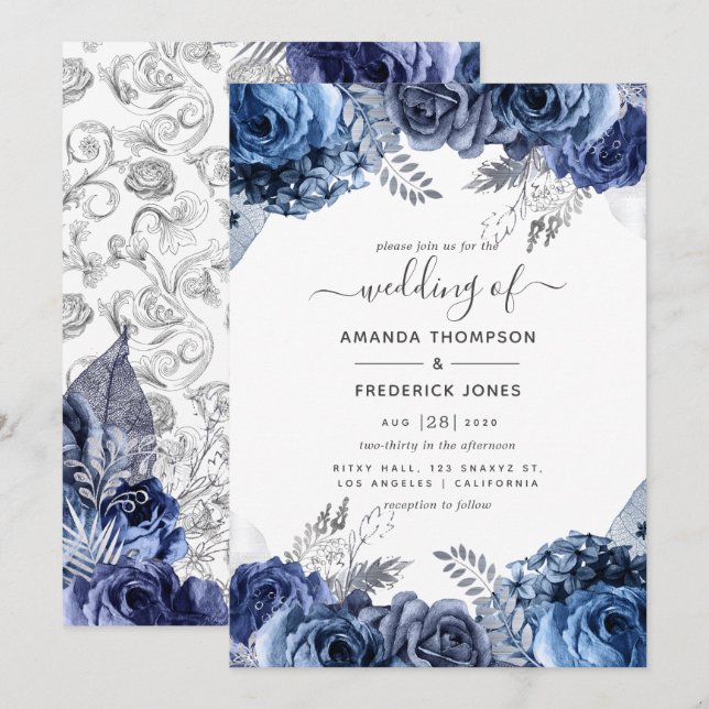 Invitación Marina y blanco con Boda floral Relieve metalizado (Anverso / Reverso)