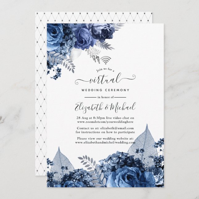 Invitación Marina y blanco con Boda virtual de Relieve metali (Anverso / Reverso)