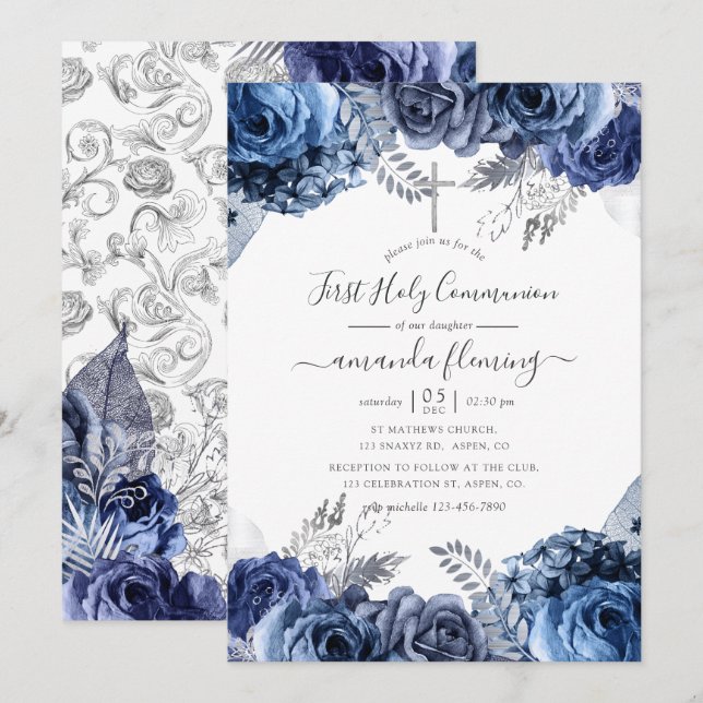 Invitación Marina y blanco con la comunión floral plateada (Anverso / Reverso)