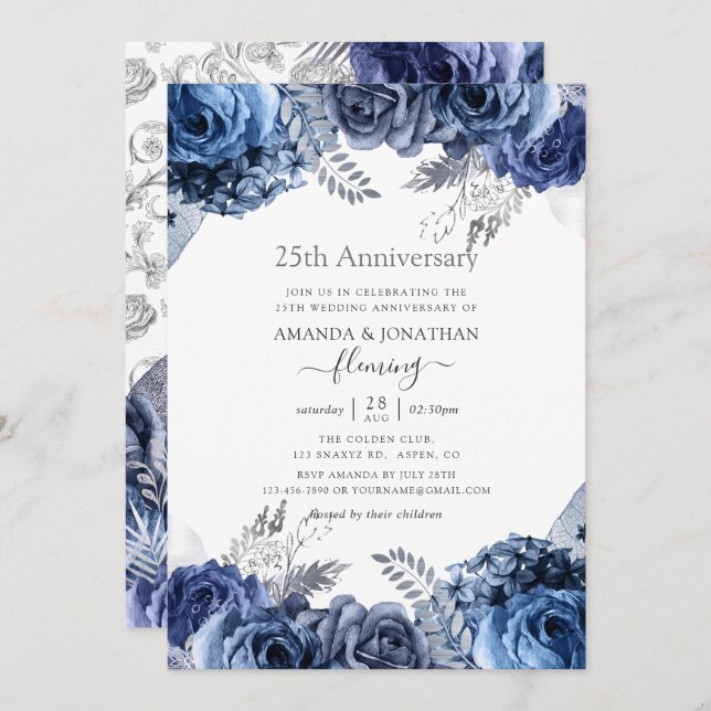 Invitación Marina y Blanco con Relieve metalizado plateado 25 (Anverso / Reverso)