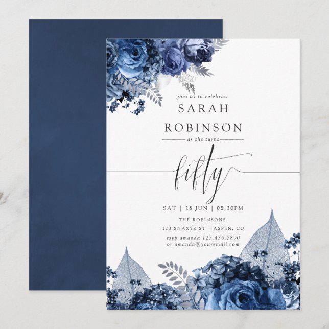 Invitación Marina y Blanco con Relieve metalizado plateado 50 (Anverso / Reverso)